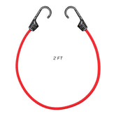 ViaTerra red 2-foot bungee cord with heavy-duty plastic-coated metal hooks for motorcycle luggage securing.