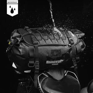 Motodrift Rhinowalk Warrior waterproof motorcycle roll-top duffel bag in black 500D polyester with water splashing