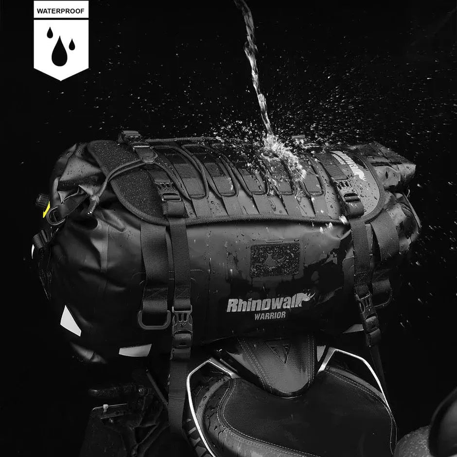 Motodrift Rhinowalk Warrior waterproof motorcycle roll-top duffel bag in black 500D polyester with water splashing