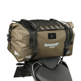 Motodrift Rhinowalk Warrior waterproof motorcycle roll-top duffel bag in olive green mounted on a bike seat.