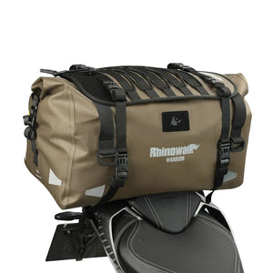 Motodrift Rhinowalk Warrior waterproof motorcycle roll-top duffel bag in olive green mounted on a bike seat.