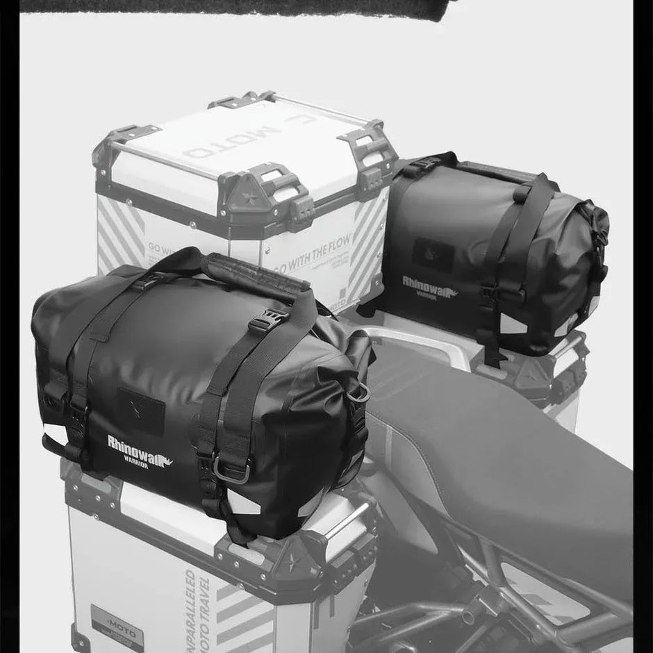 Motodrift Rhinowalk Warrior Series waterproof black motorcycle duffel bags mounted on adventure bike panniers