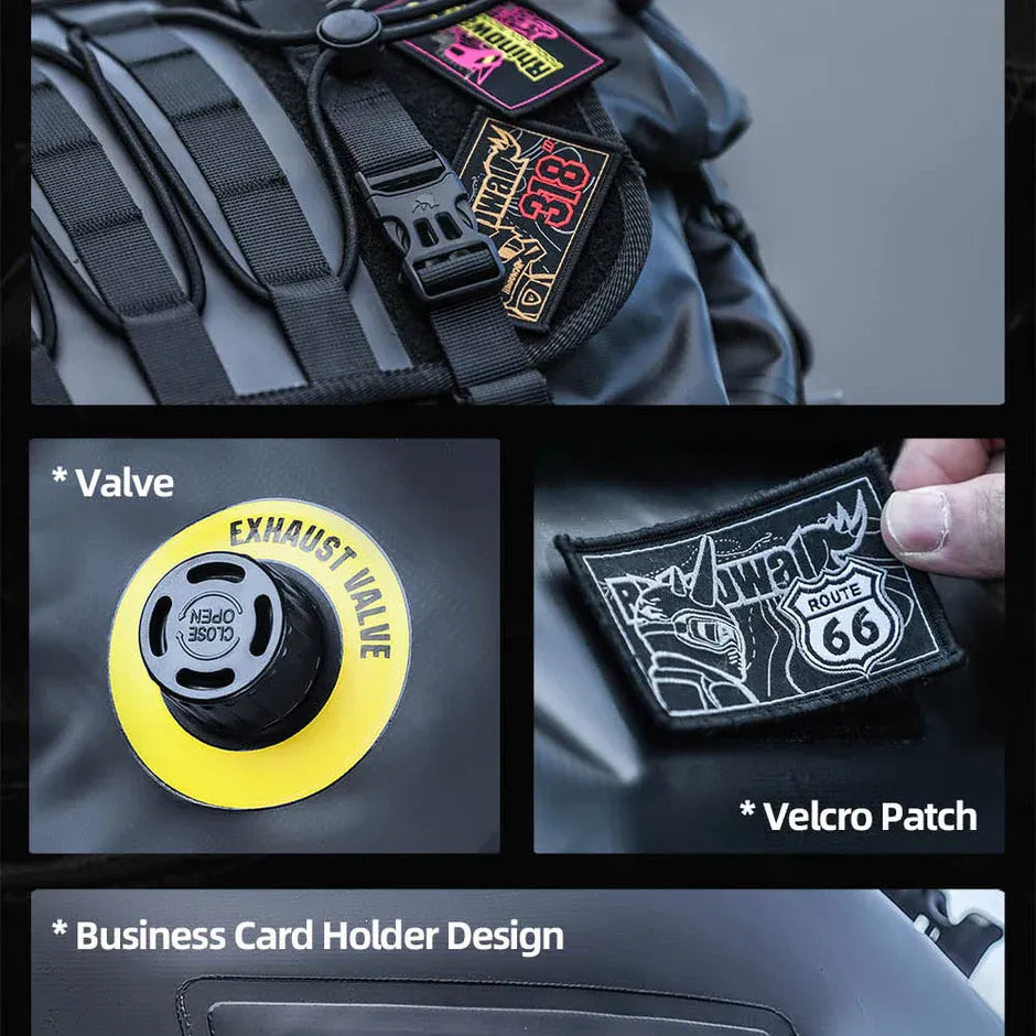 Motodrift Rhinowalk waterproof duffel bag features an exhaust valve, velcro patch, and business card holder design.