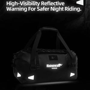 Motodrift Rhinowalk Warrior waterproof motorcycle duffel bag in black with reflective accents for night visibility.