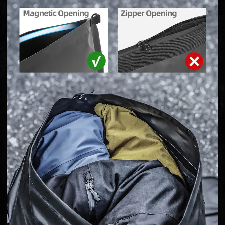 Motodrift Rhinowalk waterproof motorcycle duffel bag showing the magnetic opening feature for easy gear access.