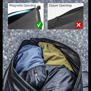 Motodrift Rhinowalk waterproof motorcycle duffel bag showing the magnetic opening feature for easy gear access.