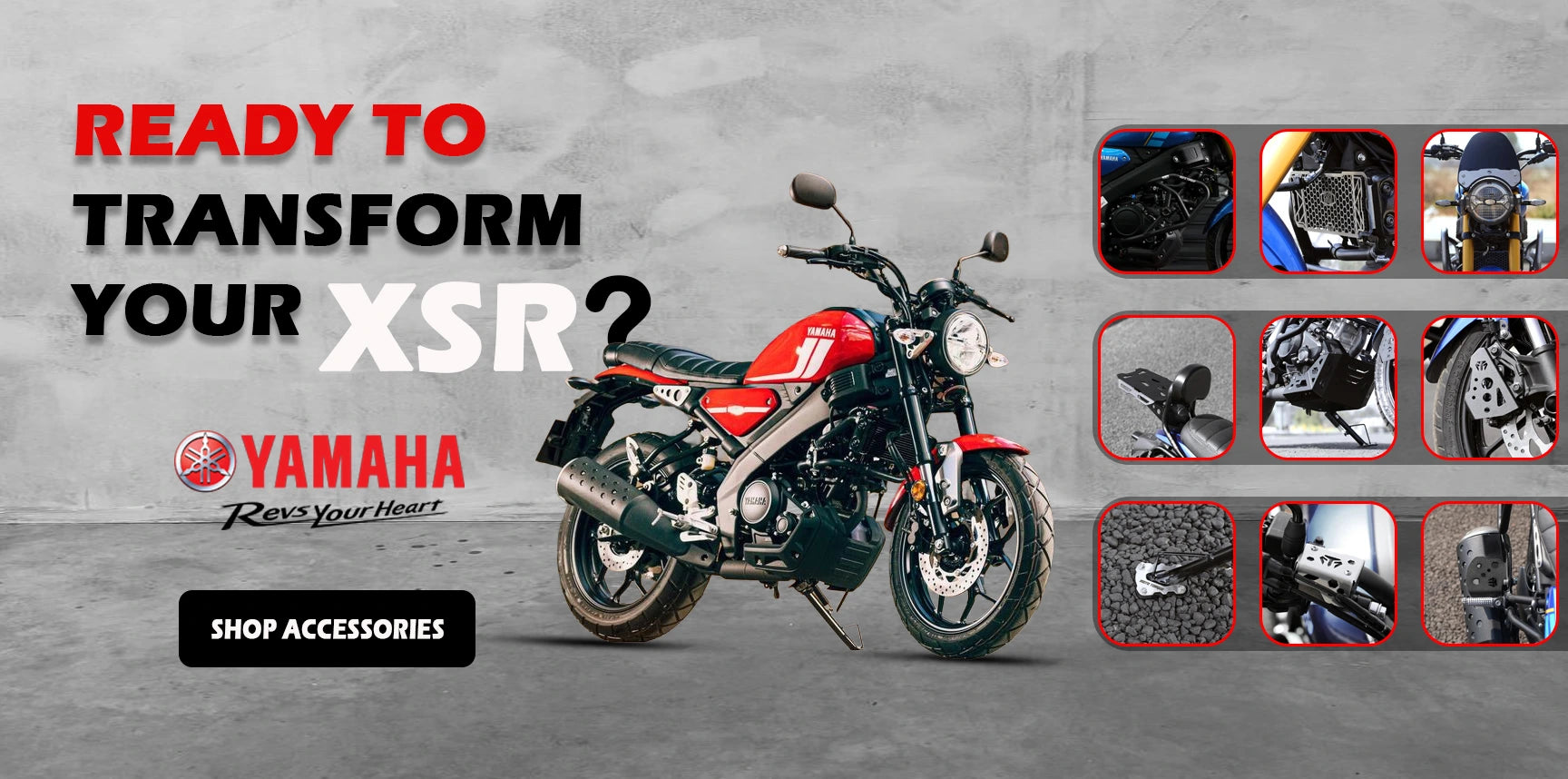 Yamaha XSR motorcycle with accessories on a gray background and promotional text.