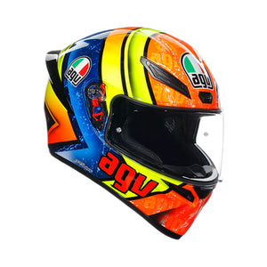AGV K1 S Izan full face motorcycle helmet in gloss finish with vibrant multi-color graphic and integrated aero spoiler.