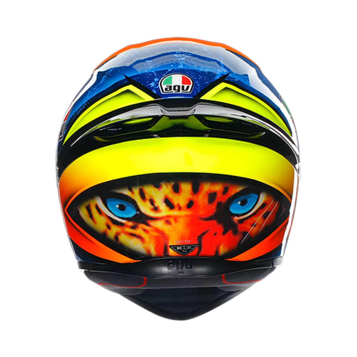 AGV K1 S Izan full face motorcycle helmet with vibrant graphic, gloss finish, and rear spoiler, back view.