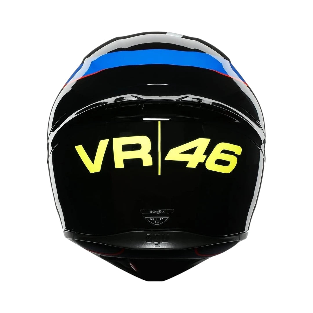 AGV K1 S full face motorcycle helmet in black with VR46 Sky Racing Team graphics and rear spoiler
