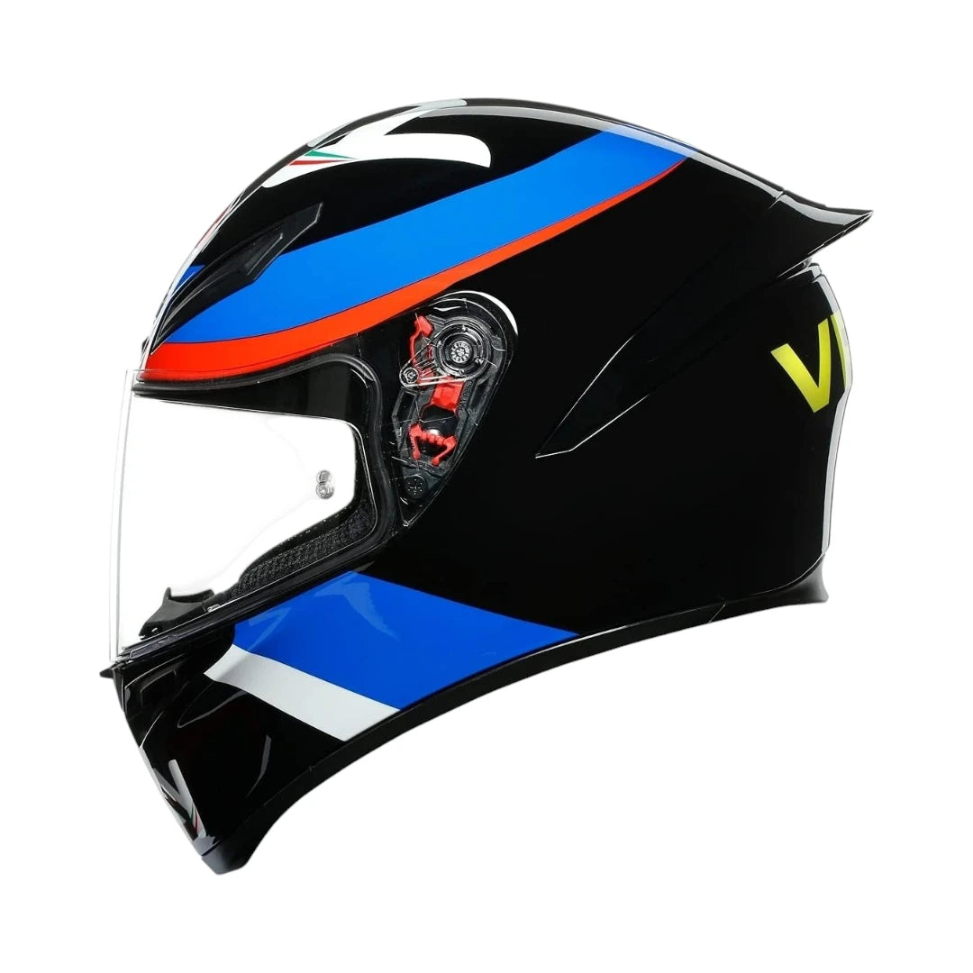 AGV K1 S VR46 Sky Racing Team full face motorcycle helmet in black with blue and white racing graphics
