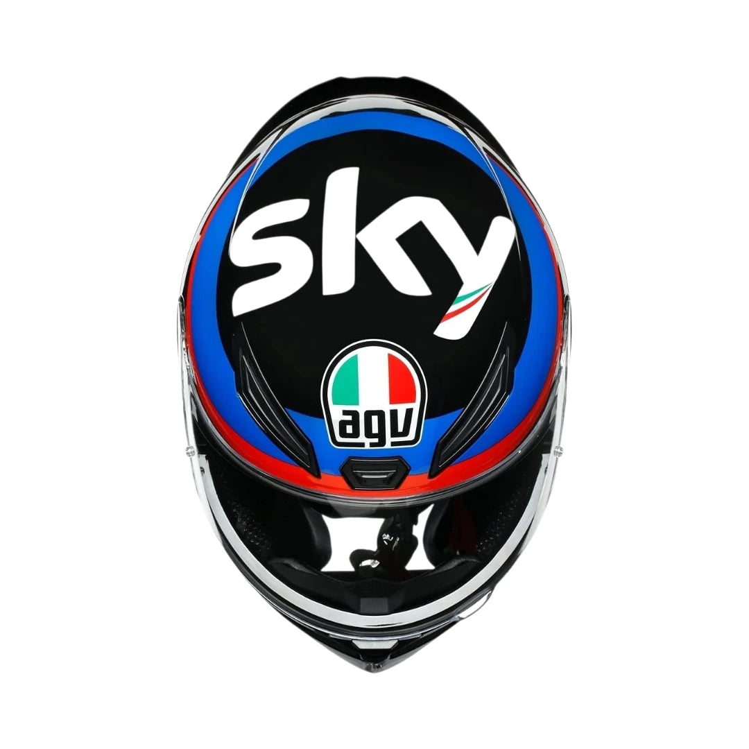 AGV K1 S full face motorcycle helmet with blue, black, and white VR46 Sky Racing Team graphic, top view.