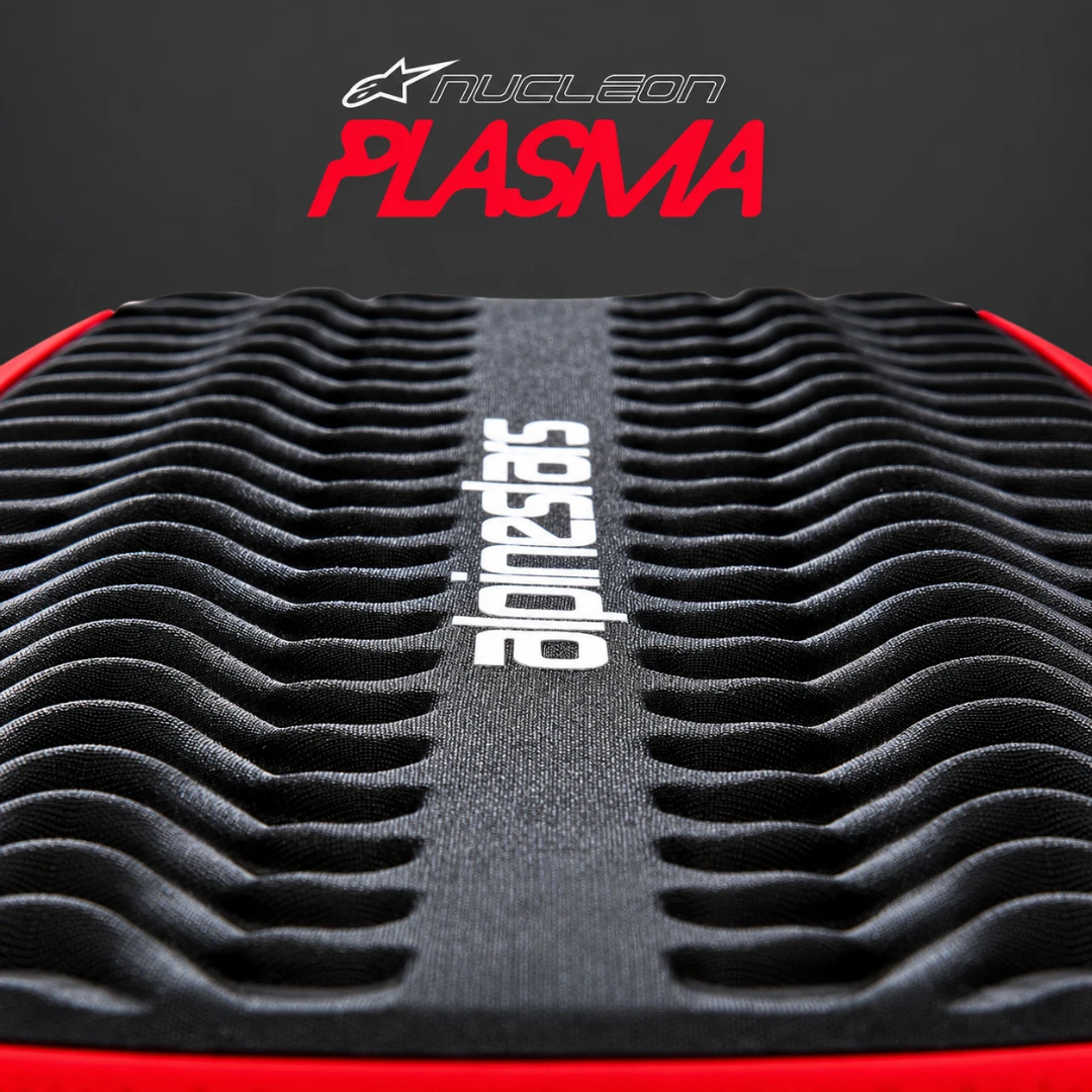 Alpinestars RK-1 Plasma knee brace featuring a black textured Nucleon impact-absorbing protective surface