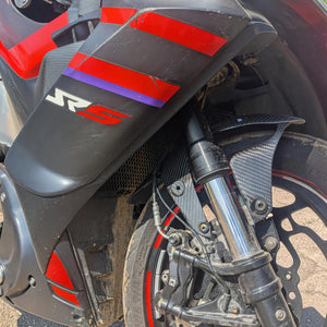 Close-up of Aprilia RS 457 front fork, wheel and fender area