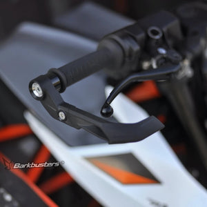 Barkbusters AERO-GP black nylon lever protector installed on a motorcycle handlebar for lever protection