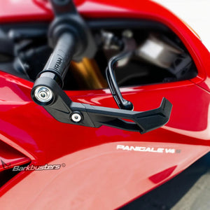 Barkbusters AERO-GP black nylon lever protector mounted on a red Ducati Panigale V4 S motorcycle handlebar