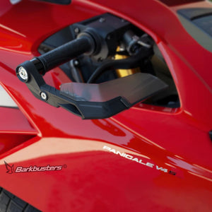 Barkbusters AERO-GP black nylon lever protector installed on a red Ducati Panigale V4 S motorcycle
