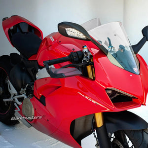 Barkbusters AERO-GP lever protector installed on a red Ducati Panigale V4 sport motorcycle