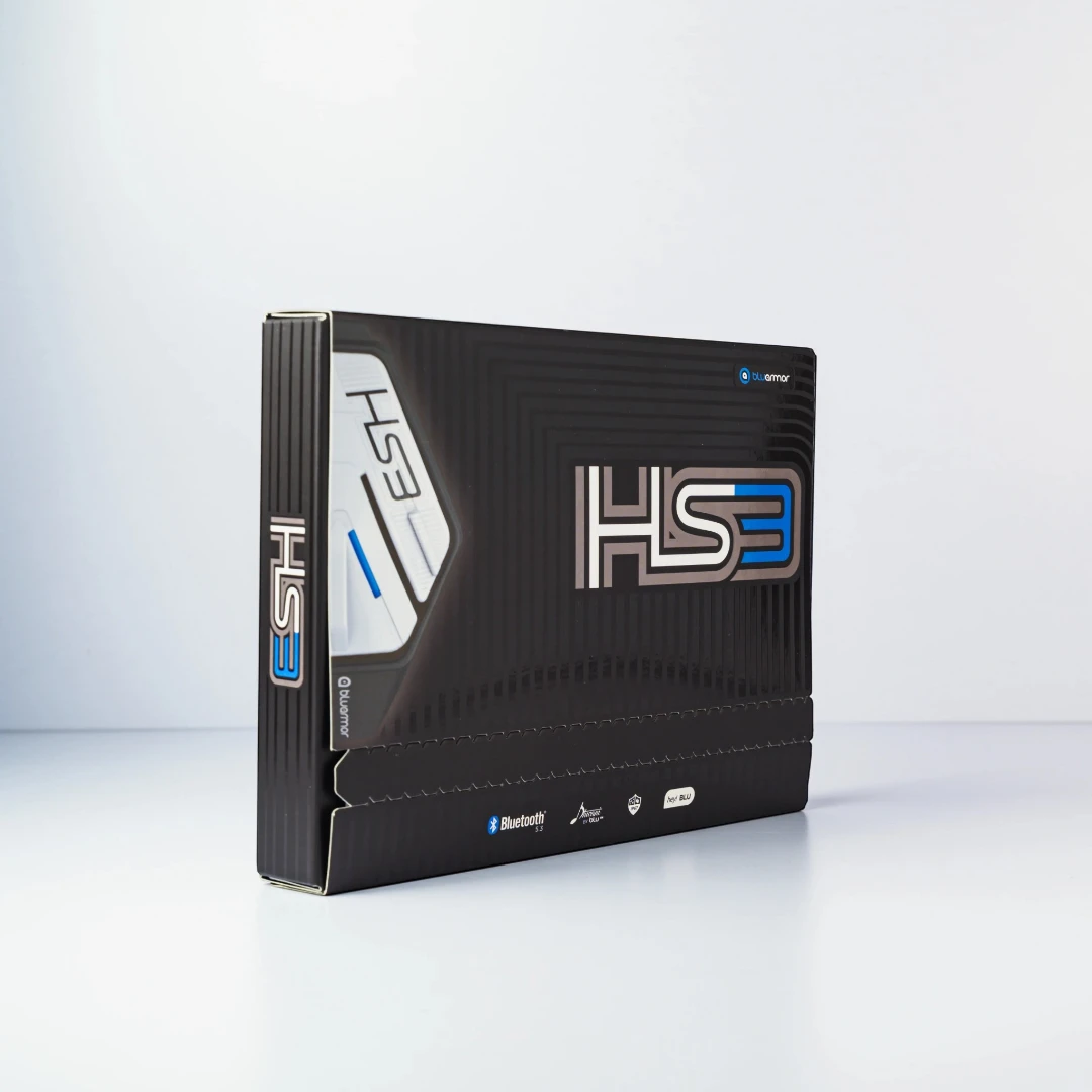 BluArmor HS3 helmet Bluetooth device packaging box featuring branding and product specifications