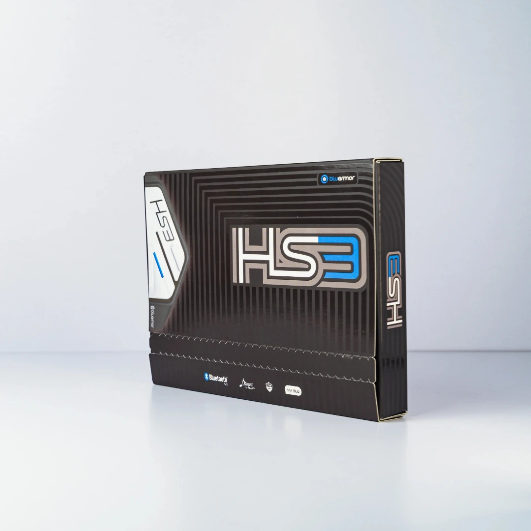 BluArmor HS3 helmet Bluetooth headset packaging box featuring branding and product model name
