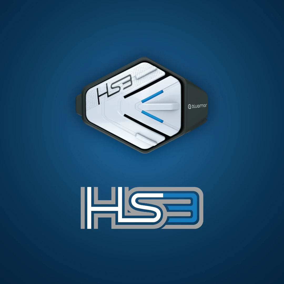 BluArmor HS3 helmet Bluetooth device with white and black three-button control module on blue background