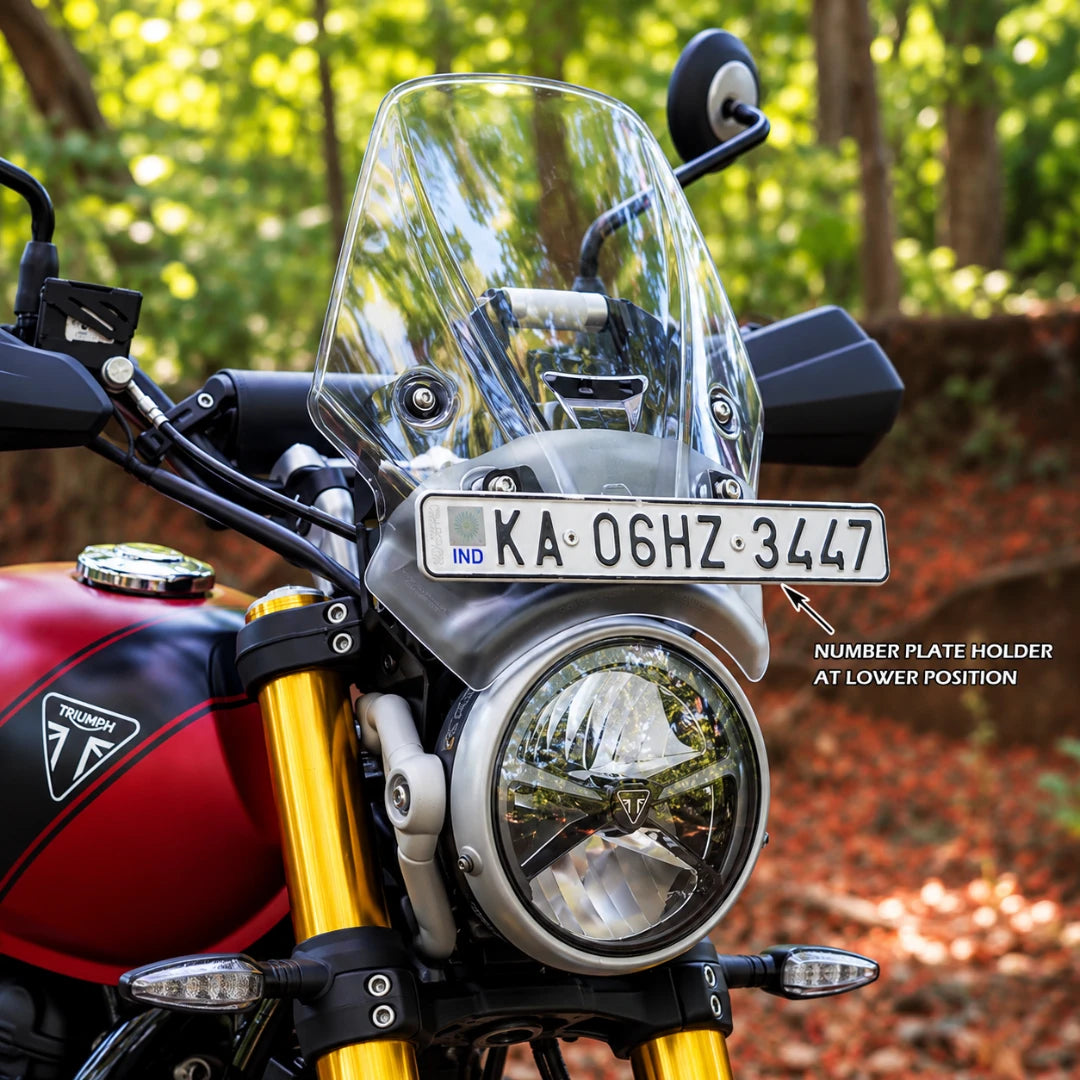 BOLT clear polycarbonate windscreen with GPS mount and number plate holder on a Triumph Scrambler 400X