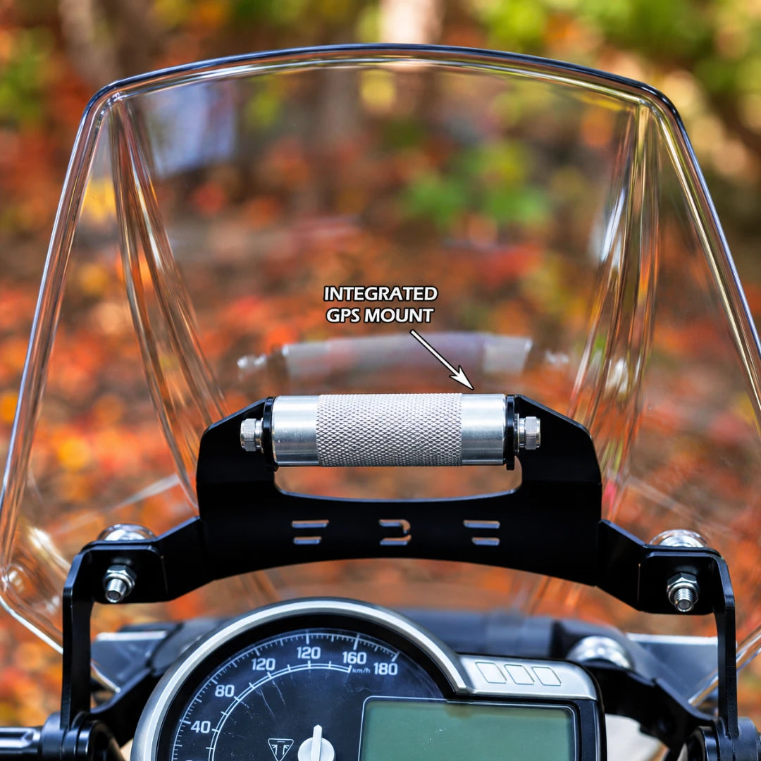 Carbon Racing BOLT clear windscreen for Triumph Scrambler 400X featuring an integrated aluminium GPS mount