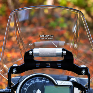 Carbon Racing BOLT clear windscreen for Triumph Scrambler 400X featuring an integrated aluminium GPS mount