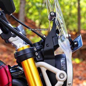 Carbon Racing BOLT windscreen on a Triumph Scrambler 400X with steel mounting brackets and GPS mount