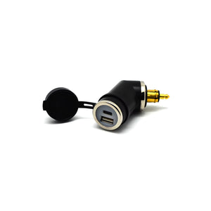 Angled motorcycle DIN Hella USB-C and USB-A fast charger with protective cap