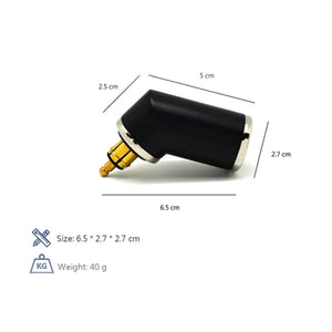 Angled DIN Hella motorcycle USB charger with dimensions and weight specifications shown.
