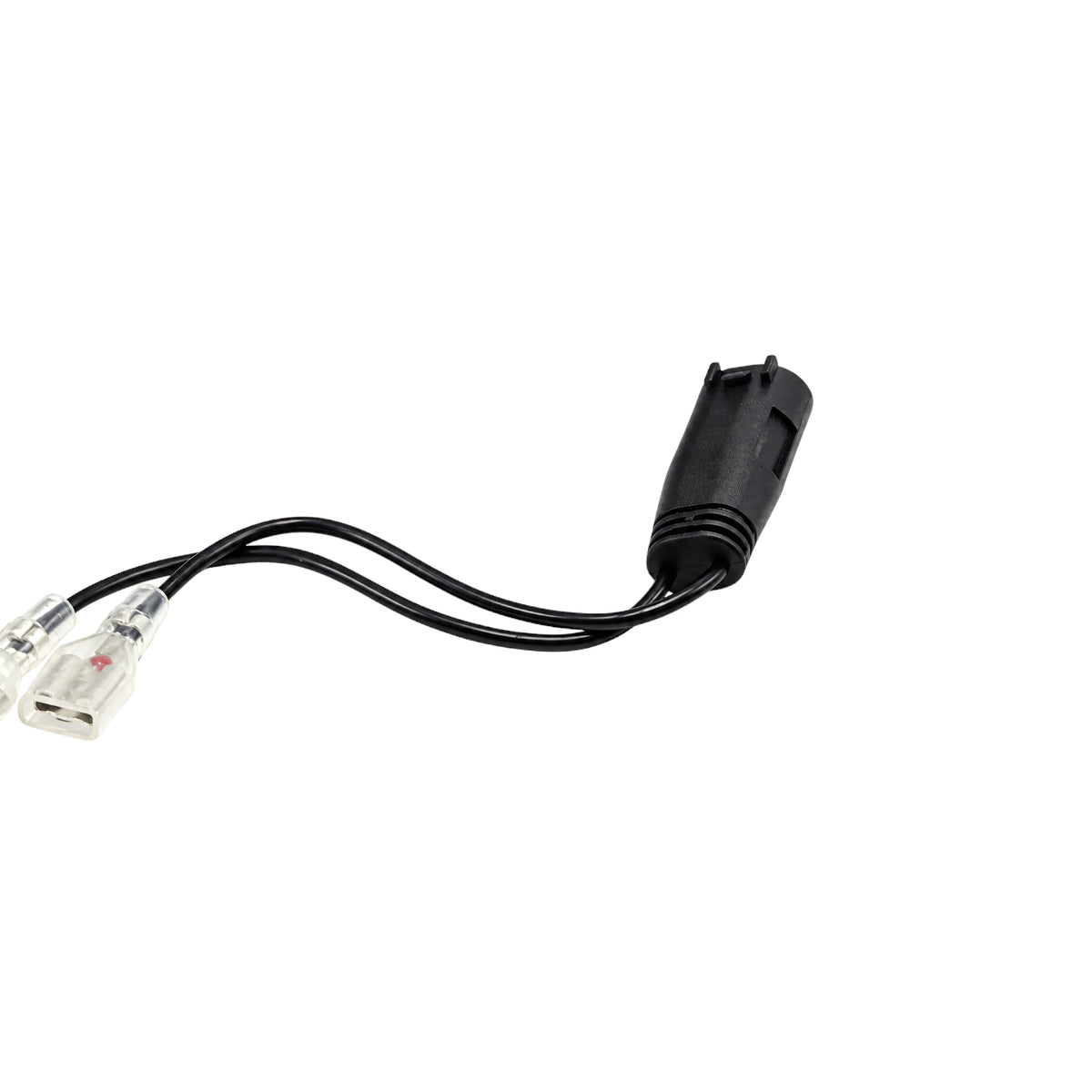 BMW motorcycle horn wiring adapter with black connector and two spade terminals for plug-and-play install.