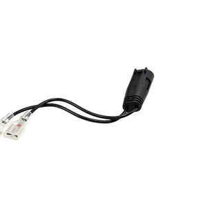 BMW motorcycle horn wiring adapter with black connector and two spade terminals for plug-and-play install.