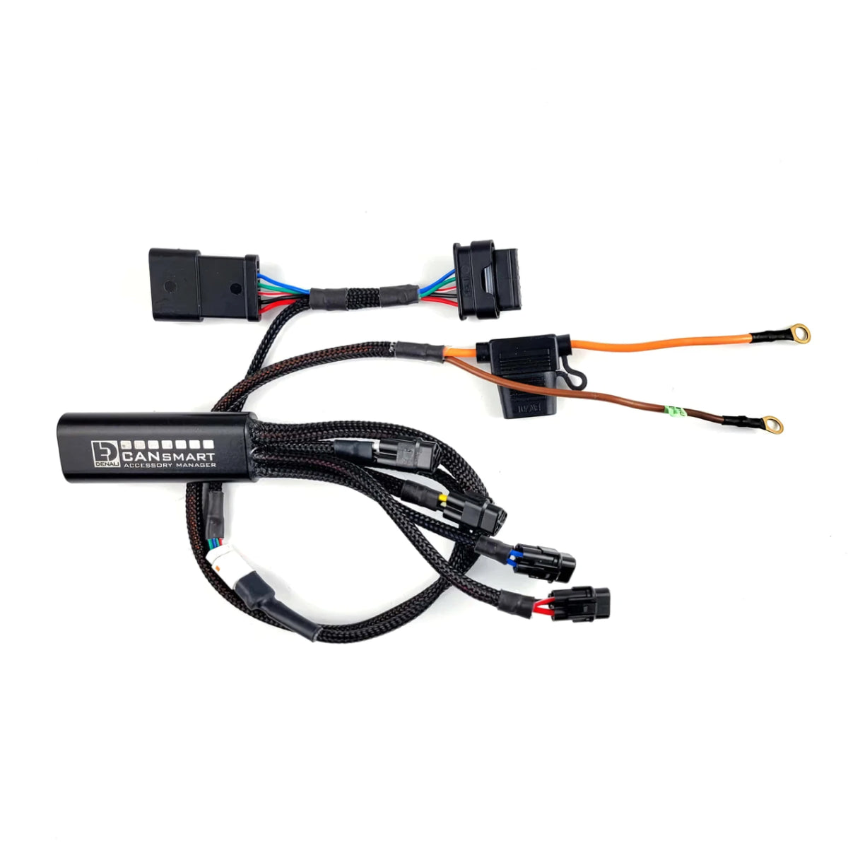 DENALI CANsmart GEN II controller with black wiring harness and connectors for BMW motorcycle accessories.