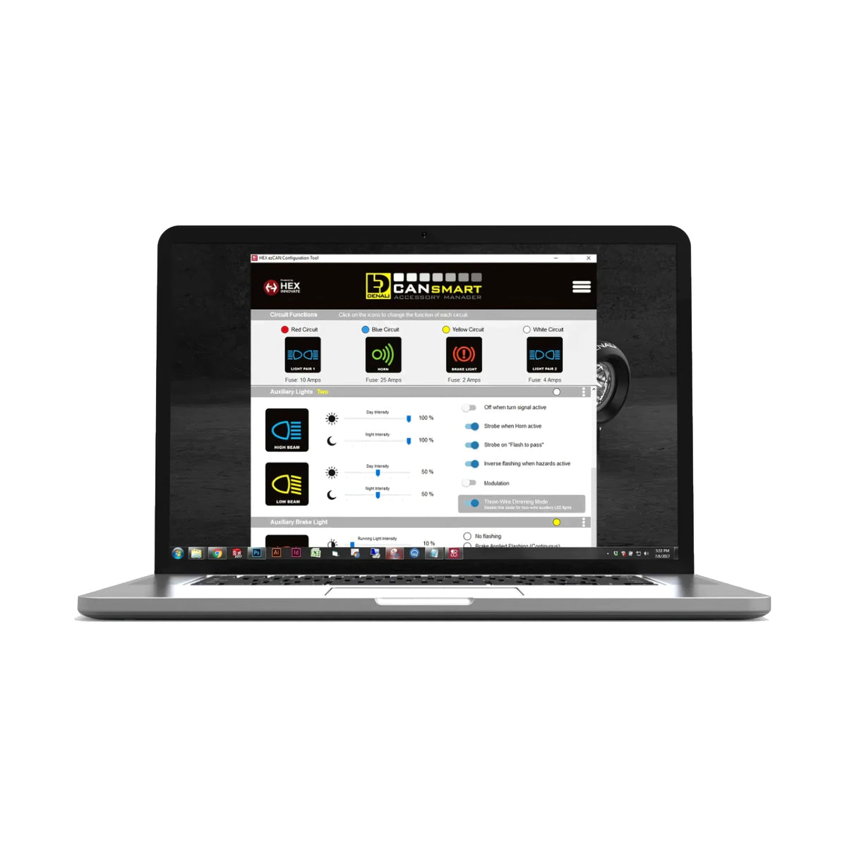 DENALI CANsmart software interface on a laptop screen for configuring motorcycle accessory circuits.