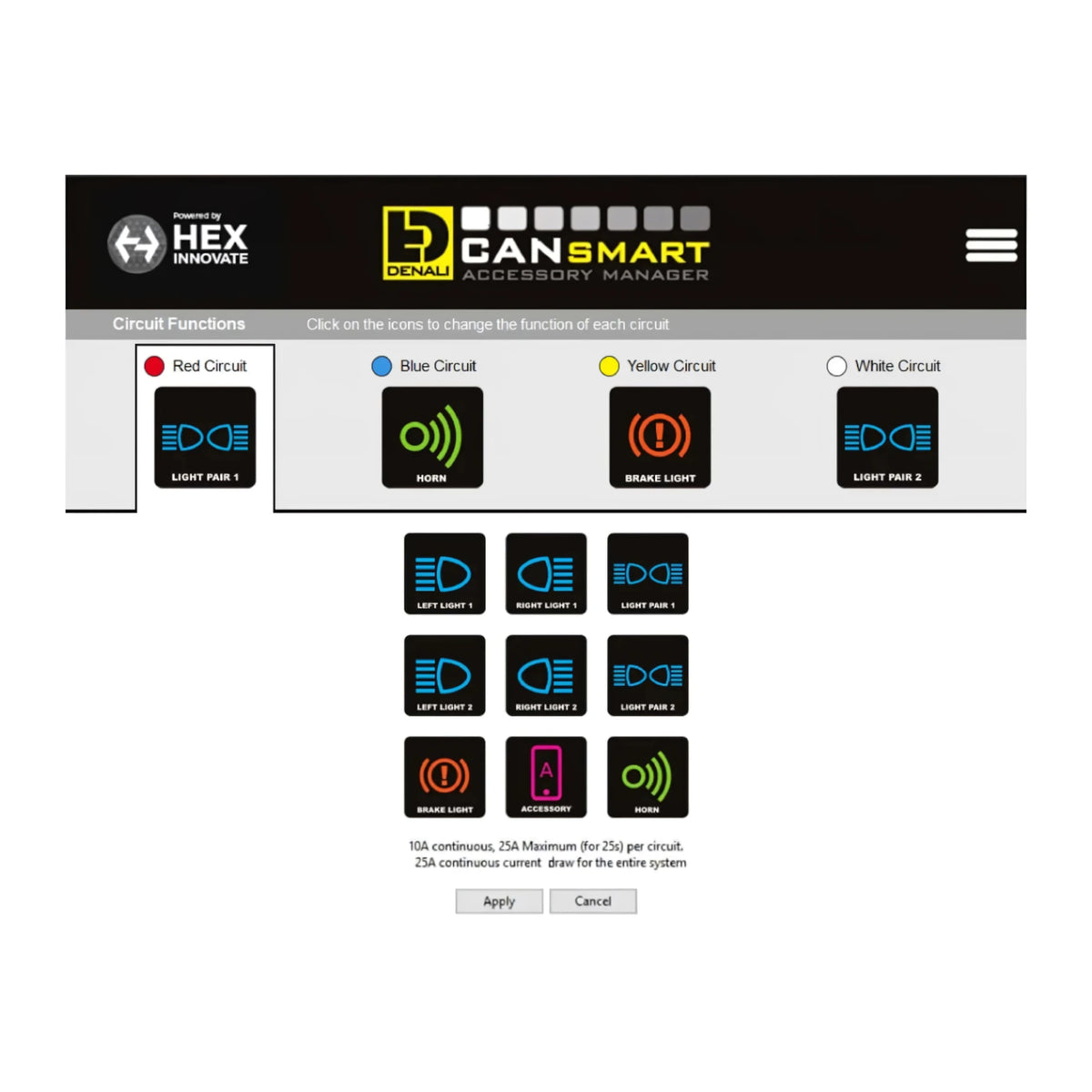 DENALI CANsmart software interface showing circuit configuration options for motorcycle accessories.