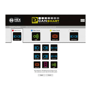 DENALI CANsmart software interface showing circuit configuration options for motorcycle accessories.