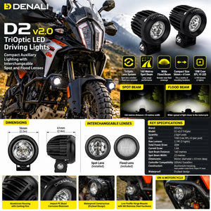 DENALI D2 v2.0 LED motorcycle auxiliary lights with interchangeable spot and flood lenses and aluminium housing.