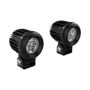 Pair of black DENALI D2 v2.0 LED motorcycle auxiliary lights with aluminium cooling fins and mounting brackets.