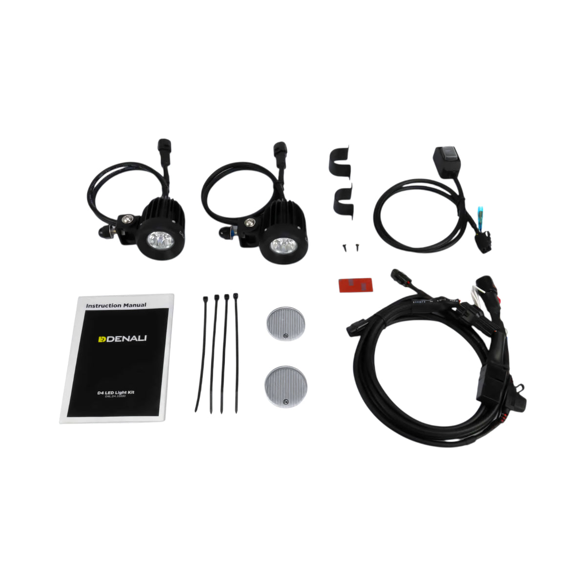 DENALI D2 v2.0 LED motorcycle light kit with pods, wiring harness, switch, lenses, and manual.