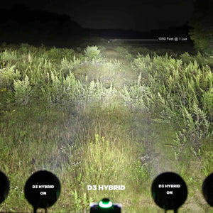 DENALI D3 LED driving lights showing hybrid beam pattern illuminating a dark field at night.