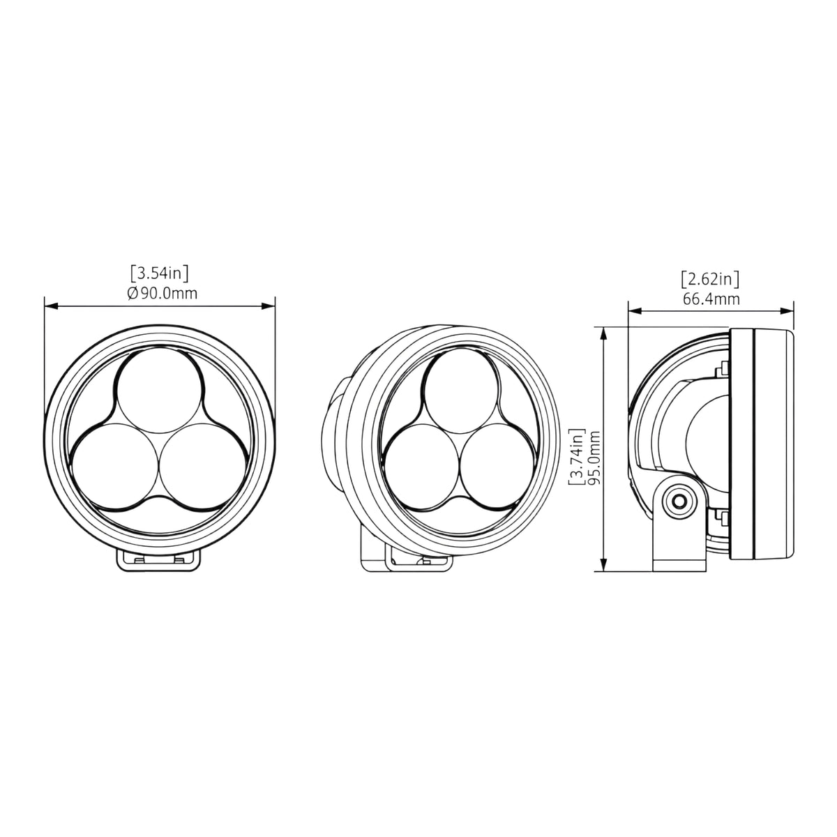 DENALI D3 LED driving light technical drawing showing front, side, and dimensions in millimeters and inches.