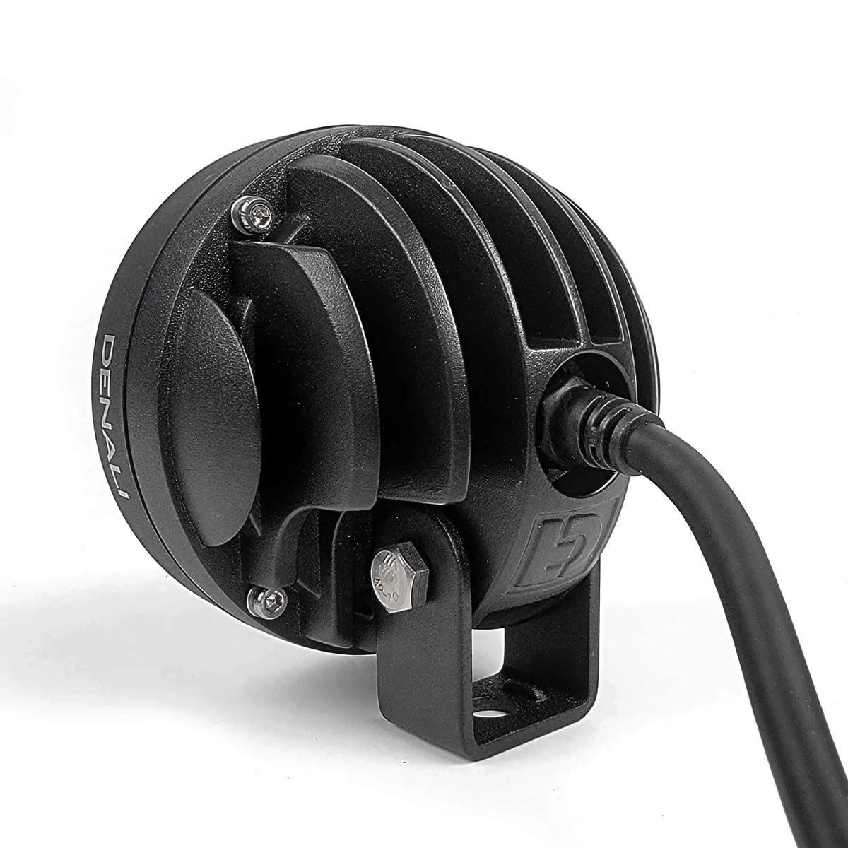 DENALI D3 black LED motorcycle driving light pod with rear cooling fins and mounting bracket