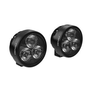 DENALI D3 pair of black LED driving lights with triple-lens design for motorcycle auxiliary lighting.