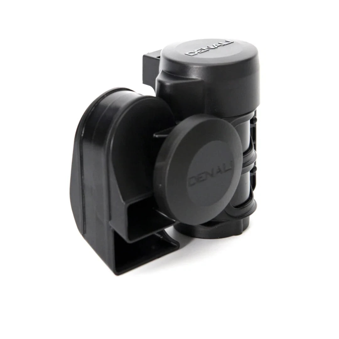 SoundBomb compact black dual-tone motorcycle air horn with integrated compressor design.