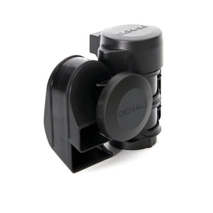 SoundBomb compact black dual-tone motorcycle air horn with integrated compressor design.
