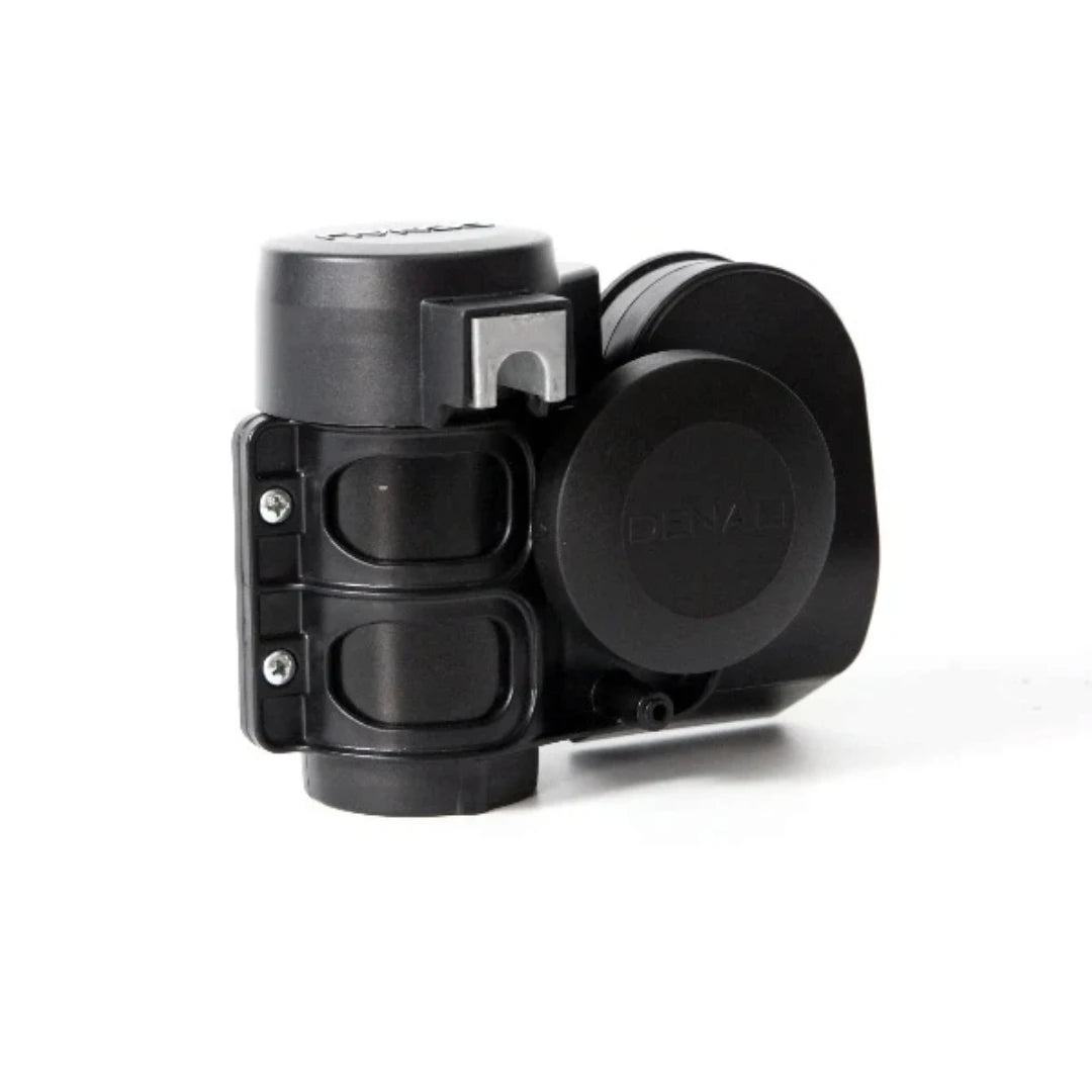 DENALI SoundBomb compact black dual-tone motorcycle air horn with integrated compressor design.