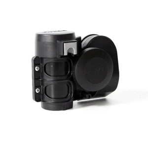 DENALI SoundBomb compact black dual-tone motorcycle air horn with integrated compressor design.