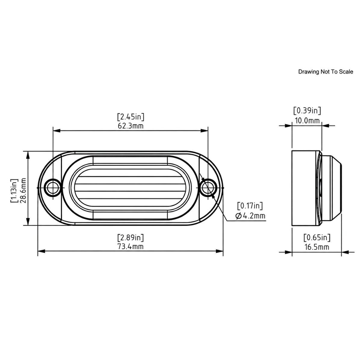 DENALI T3 modular rear signal pod technical drawing with dimensions in millimeters and inches.
