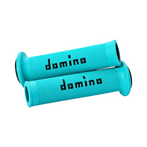 Domino A010 cyan and black thermoplastic rubber road-racing motorcycle handlebar grips with pyramidal texture